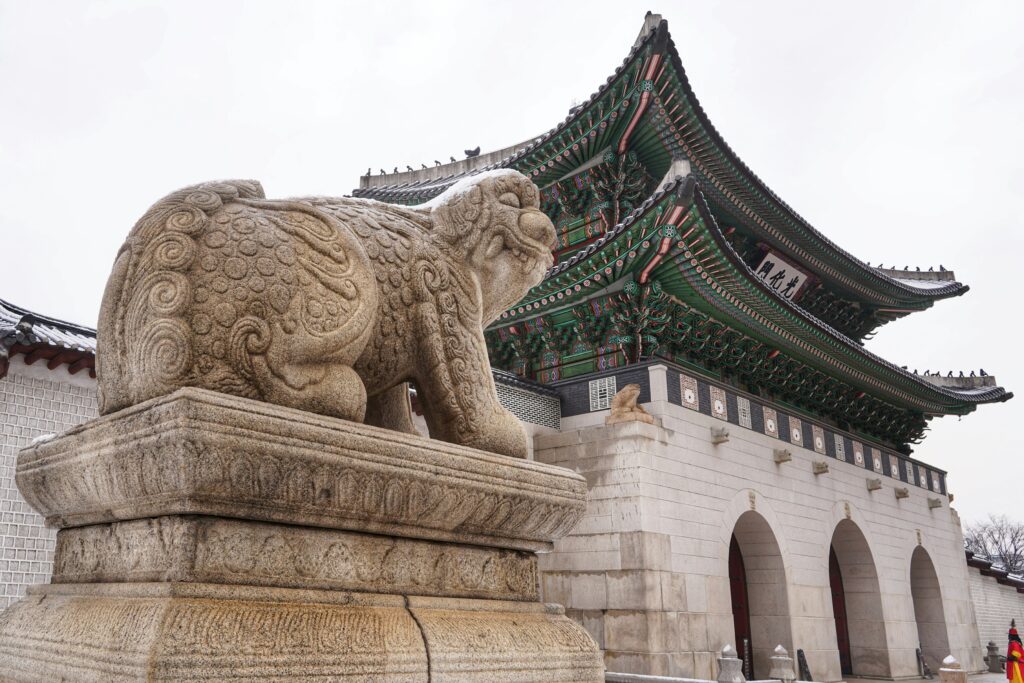 Gyeongbokgung gate and Haechi statue in Seoul Korea