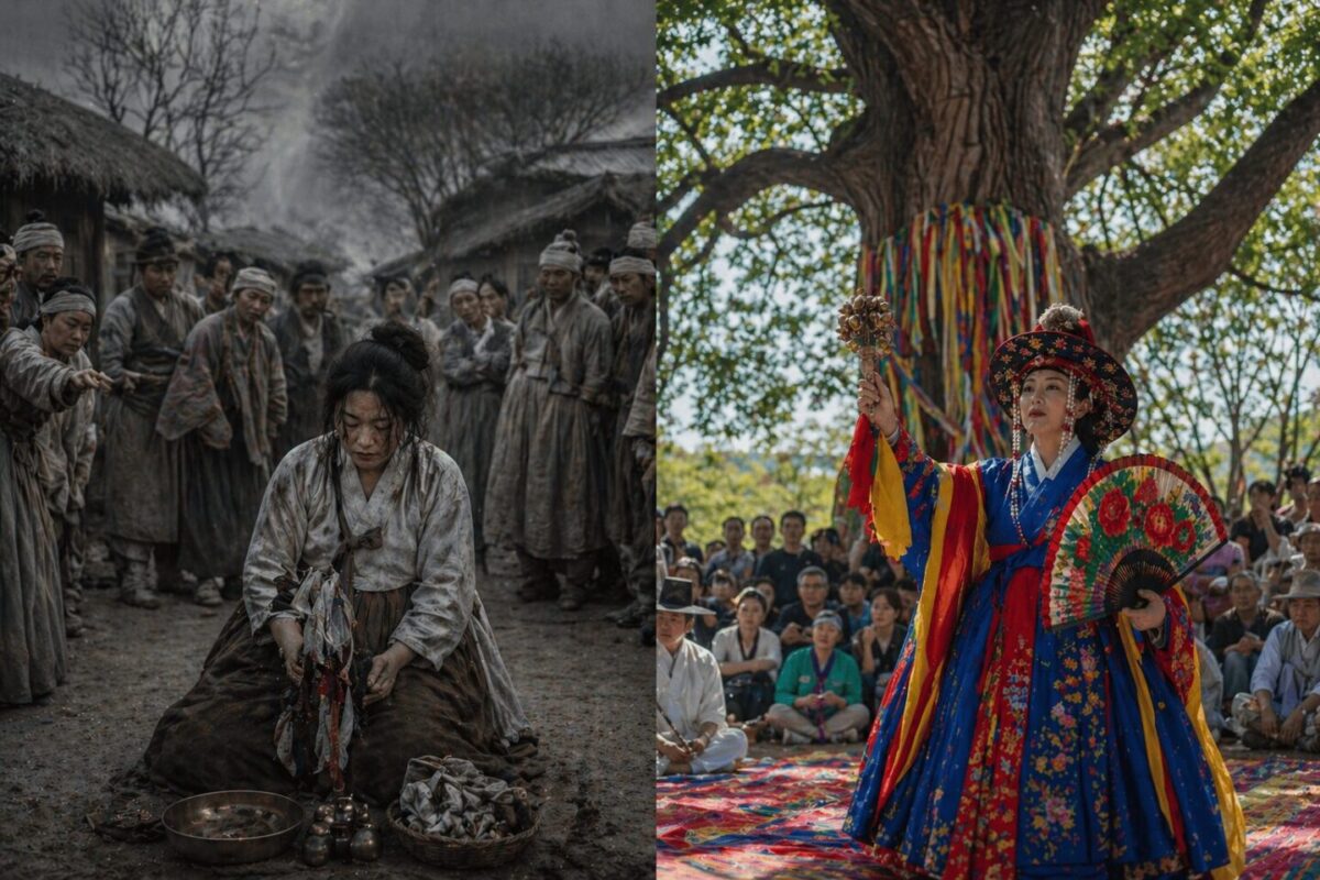Contrast between Joseon-era outcast mudang and modern mudang performing ritual under a sacred dangsan tree