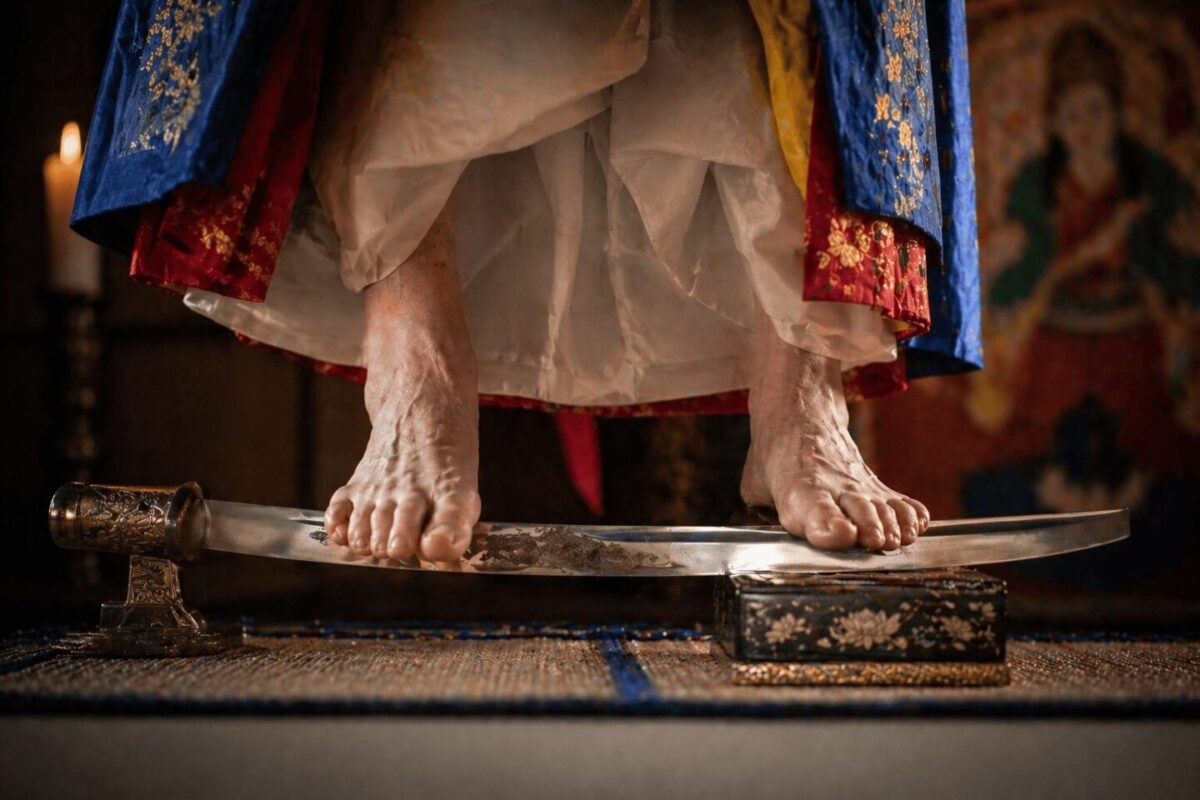 Close-up of a mudang standing barefoot on a single blade during a Korean jakdu ritual