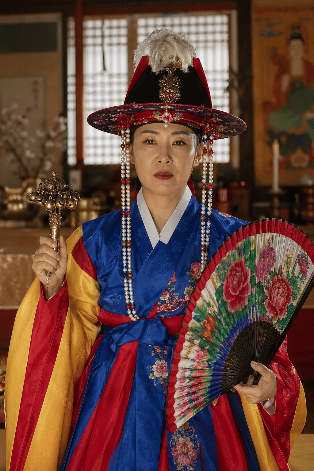Portrait of a Korean mudang holding a shamanic bell and fan inside a traditional hanok shrine