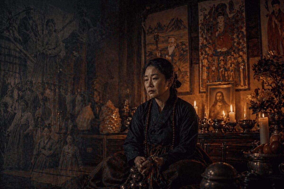 Korean mudang experiencing sinbyeong in a candlelit hanok shrine with ancestral spirit silhouettes