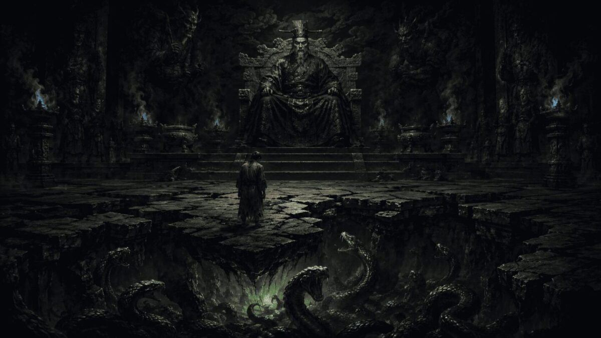 Byeonseong Daewang the King of Venom seated on his throne above a pit of venomous serpents in the Korean underworld