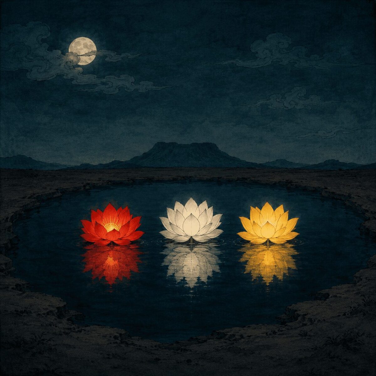 Three glowing lotus flowers blooming on a dark pond at night, Korean Chasa Bonpuri myth, symbolizing the souls of murdered brothers reborn