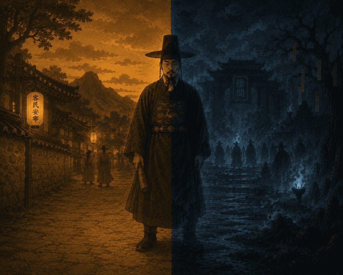 Gangnim Doryeong standing at the boundary between the warm living world and the cold dark underworld, split composition, Korean mythology