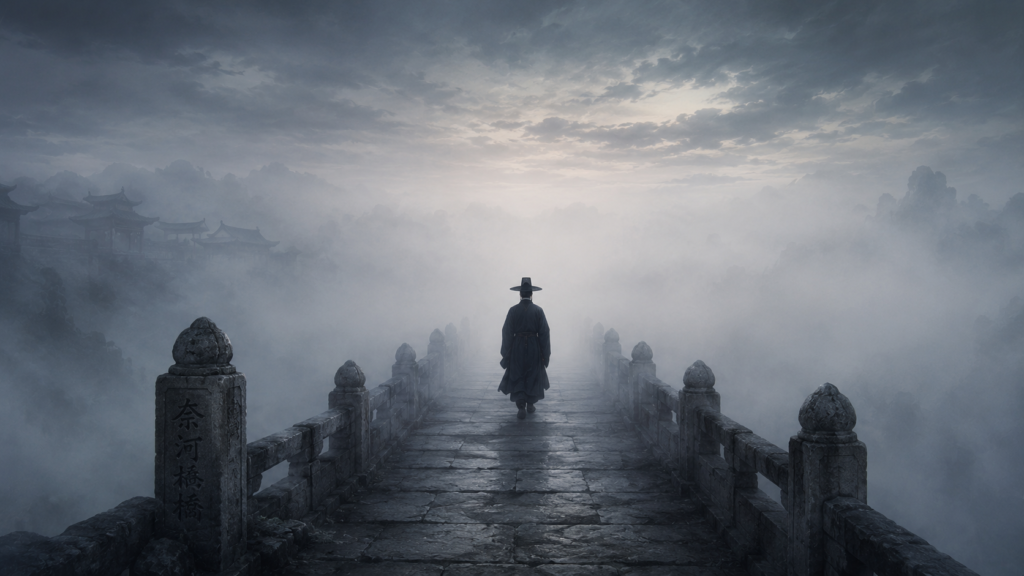 Silhouette of a figure in Joseon official coat walking across a stone bridge into heavy mist, representing the threshold between life and death, Gangnim Doryeong