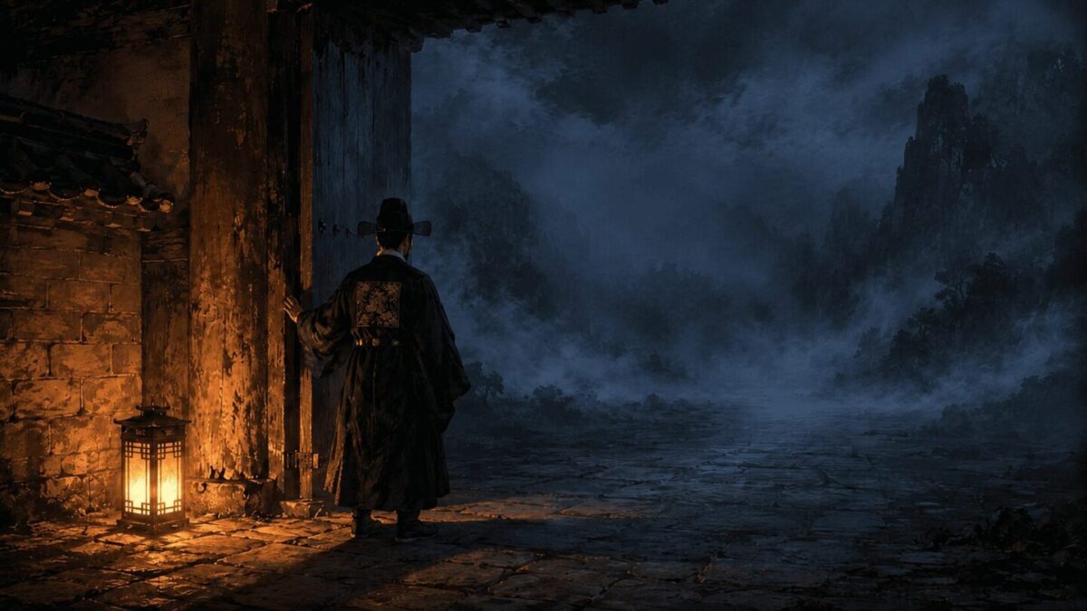 Gangnim Doryeong in Joseon official robes standing at a gate before the misty darkness, about to enter the underworld, Korean mythology Chasa Bonpuri