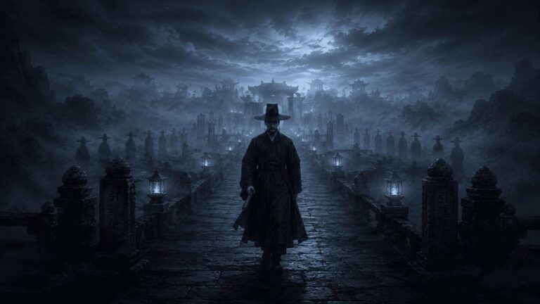 Gangnim Doryeong as a Jeoseung Saja walking forward on a stone bridge through the underworld surrounded by other death messengers, Korean mythology Chasa Bonpuri