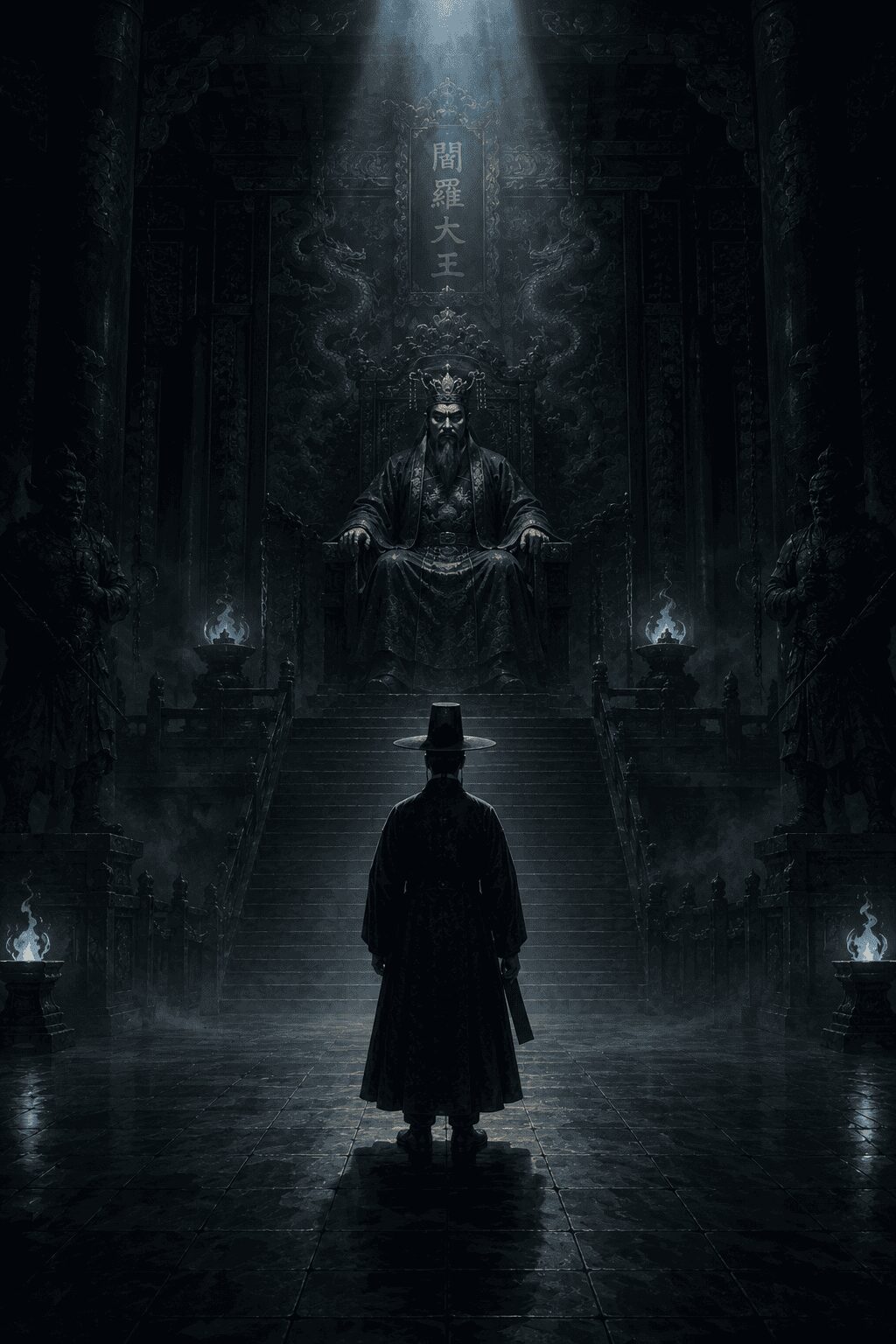 Gangnim Doryeong standing alone before Yeomra the King of the Dead on his massive throne in the dark Korean underworld, Chasa Bonpuri myth