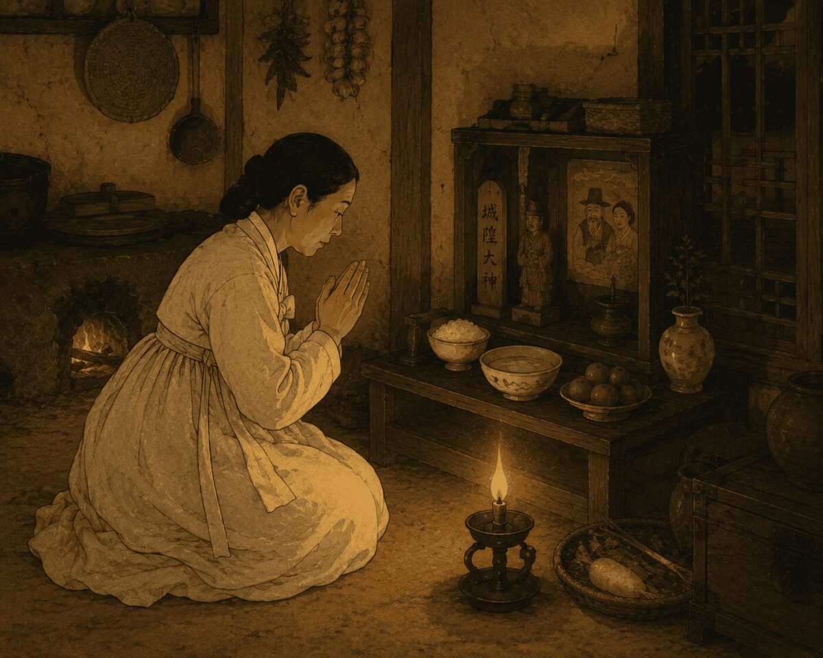 Gangnim Doryeong's wife kneeling in prayer before a household shrine by candlelight, Korean folk illustration, Chasa Bonpuri