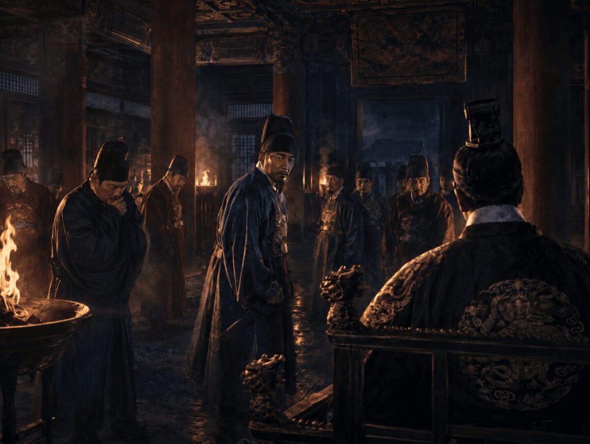A dark Joseon court scene with officials gathered before a king, representing the Gapja Sahwa purge of 1504