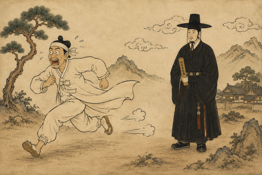Korean folk tale illustration of a man running in panic while the Jeoseung Saja stands calmly holding a scroll, not chasing
