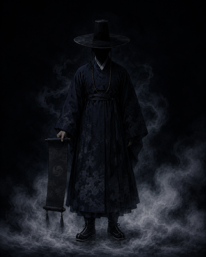 Jeoseung Saja full figure in dark hanbok and gat hat holding a black scroll, face hidden in shadow, surrounded by mist