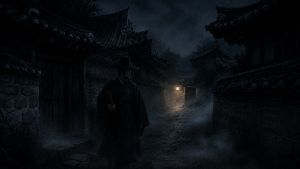 Dark foggy Korean hanok village alley at night with a single lantern glowing in the distance, Jeoseung Saja atmosphere