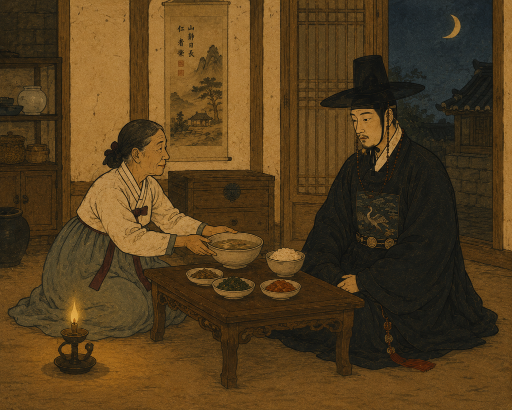 Jeoseung Saja in black official robes receiving a meal from an elderly Korean woman by candlelight, folk painting style