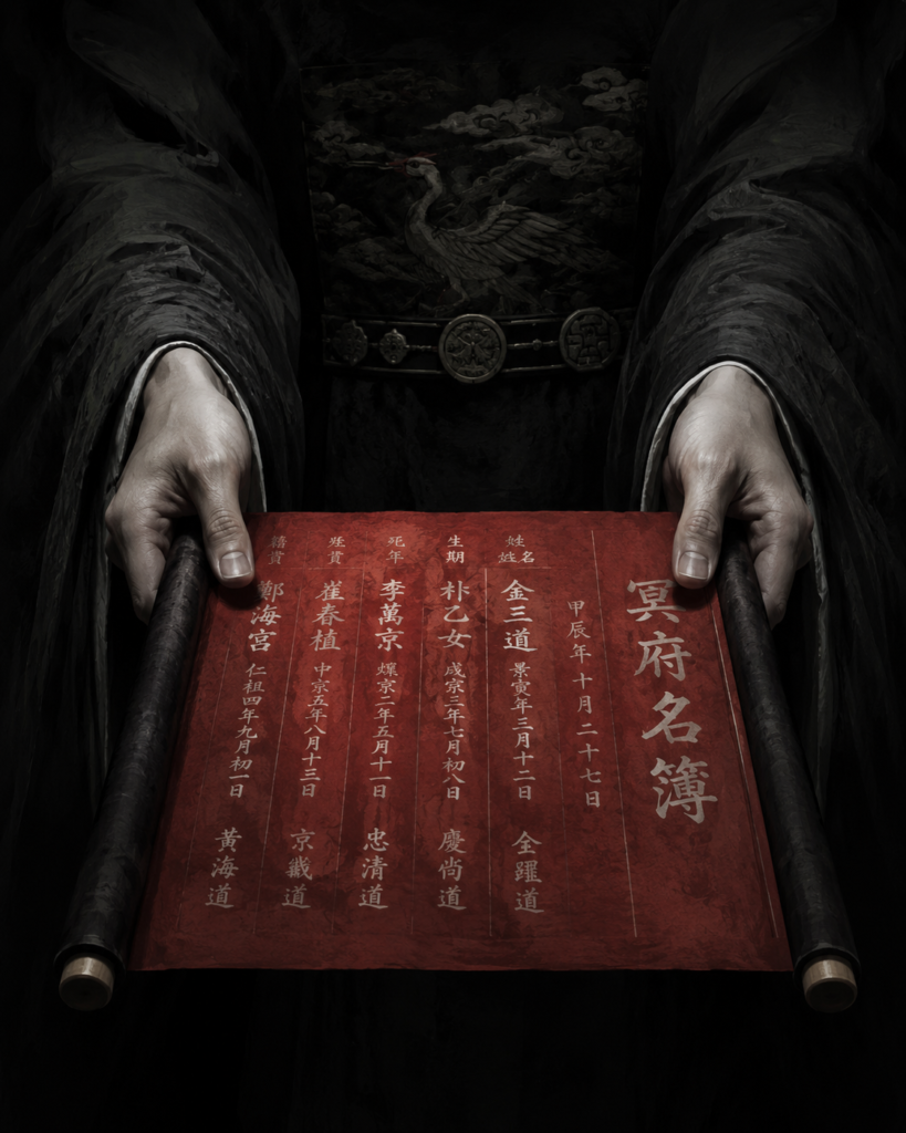 Jeoseung Saja hands holding open a red death register scroll with Korean names written in white, Korean underworld bureaucracy