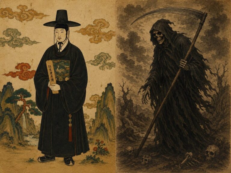 Side by side comparison of Korean Jeoseung Saja in Joseon official robes and the Western Grim Reaper with scythe