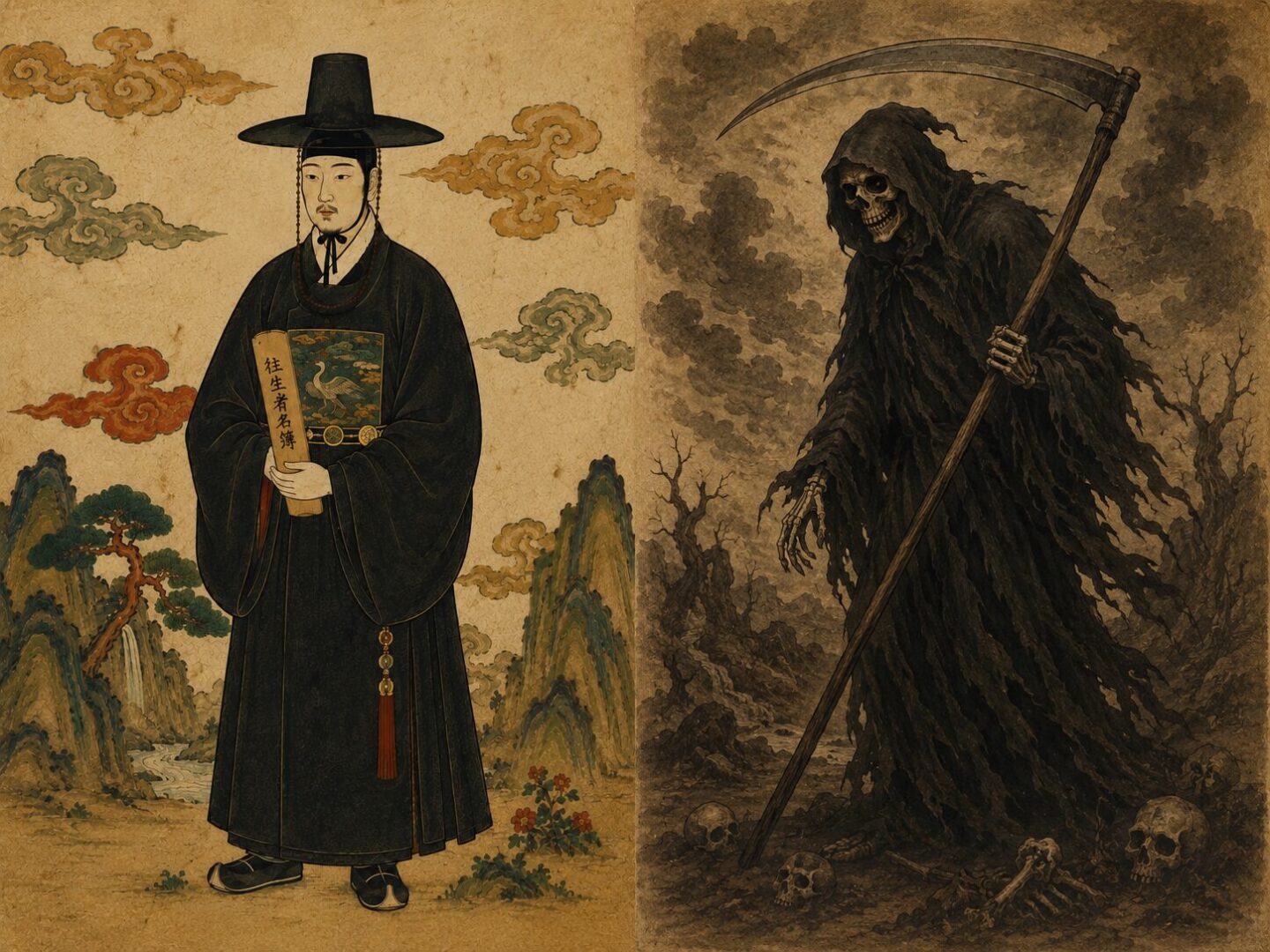 Side by side comparison of Korean Jeoseung Saja in Joseon official robes and the Western Grim Reaper with scythe