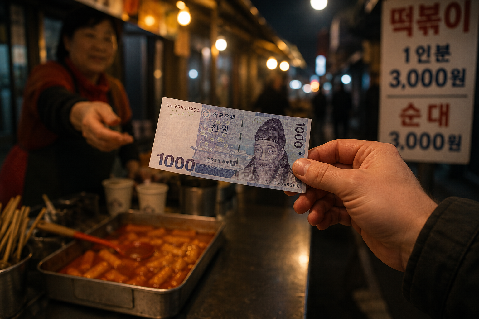 A customer handing a 1,000-won bill at a tteokbokki street food stall in Korea at night — the same bill that carries the portrait of Joseon scholar Yi Hwang.