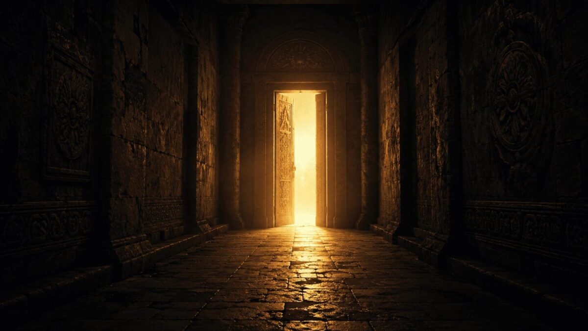 A glowing golden doorway at the end of a dark stone corridor representing rebirth and the next life in Korean underworld belief