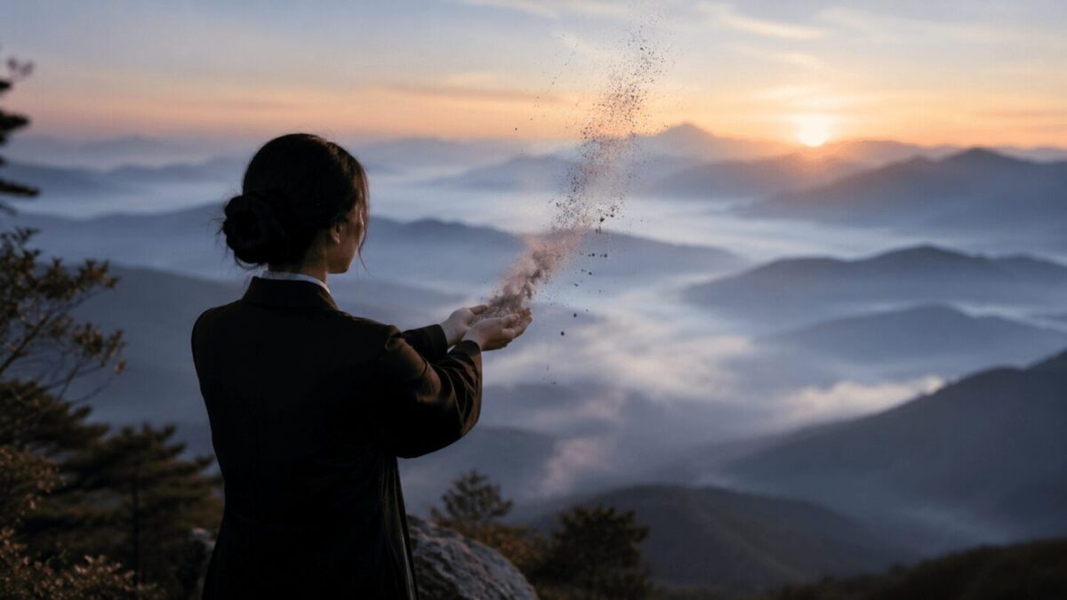 A person in black mourning attire scattering ashes from a mountain peak at dawn, representing the Korean farewell ritual and belief in the afterlife journey
