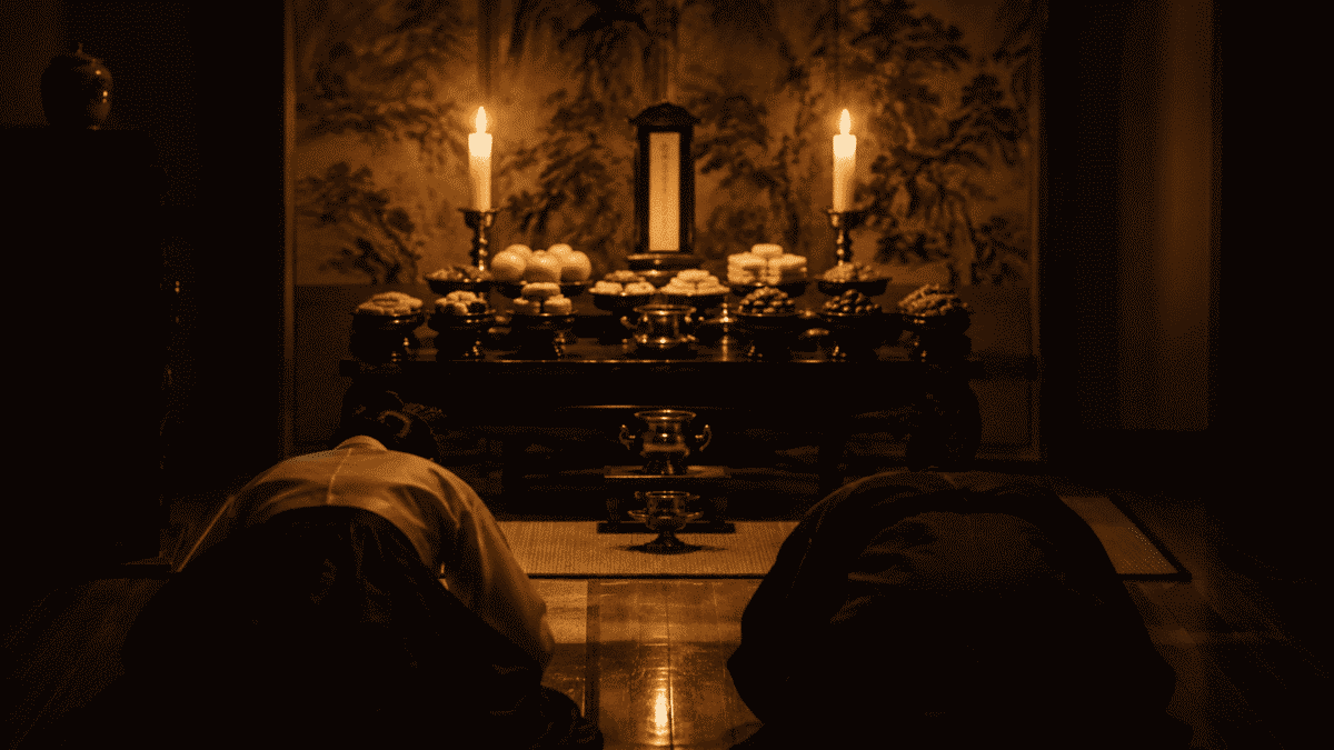 Two people in traditional Korean hanbok bowing before a jesa memorial table with candles, food offerings, and a spirit tablet, performing the ancestral rite that connects the living and the dead