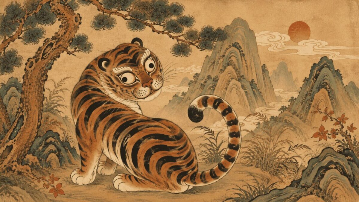 Korean minhwa folk painting of a tiger in a mountain landscape with pine trees and a red sun