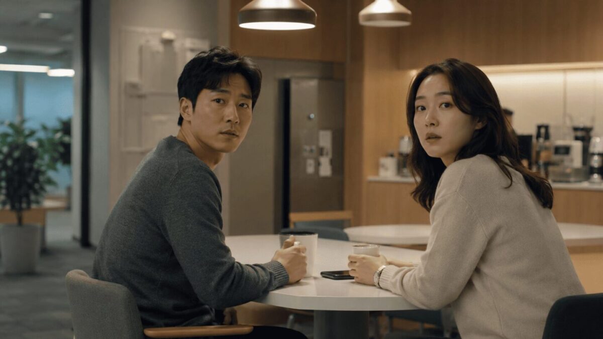 Two people sitting at a table in a Korean office break room, both glancing sideways with a caught expression