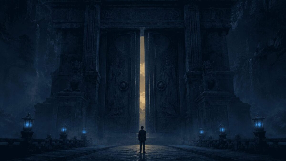 A lone figure in a dark suit standing before a massive partially-open gate in the Korean underworld, with warm golden light streaming through the gap and blue lanterns on either side
