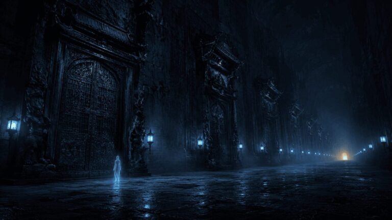 A glowing soul standing before the first of seven massive gates in the Korean underworld, with blue lanterns lining the dark corridor and a faint warm light visible at the far end