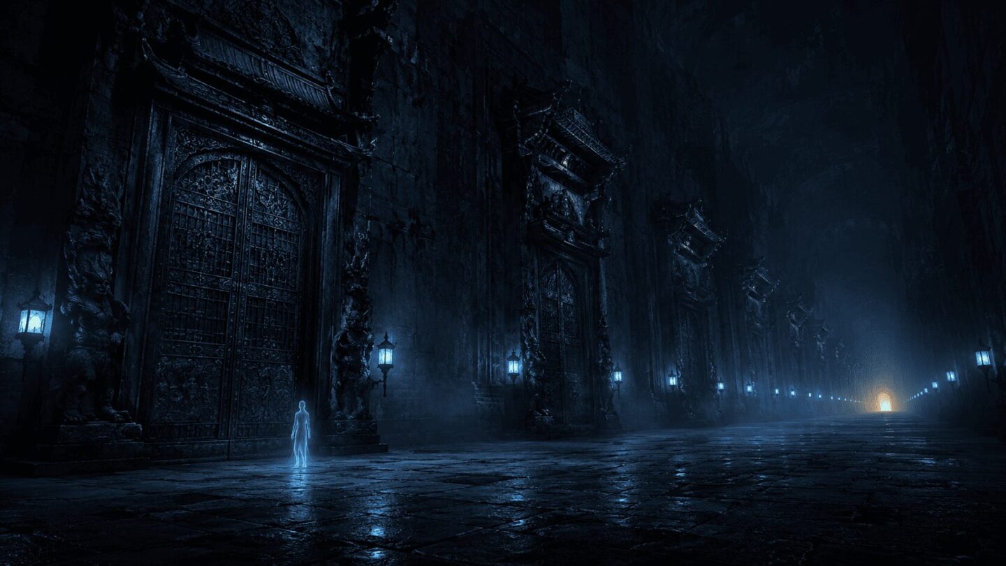 A glowing soul standing before the first of seven massive gates in the Korean underworld, with blue lanterns lining the dark corridor and a faint warm light visible at the far end