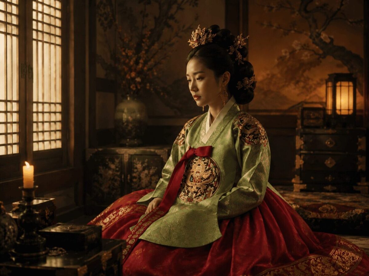 A Joseon queen seated alone in a candlelit palace chamber, representing Lady Yun, mother of Yeonsan-gun