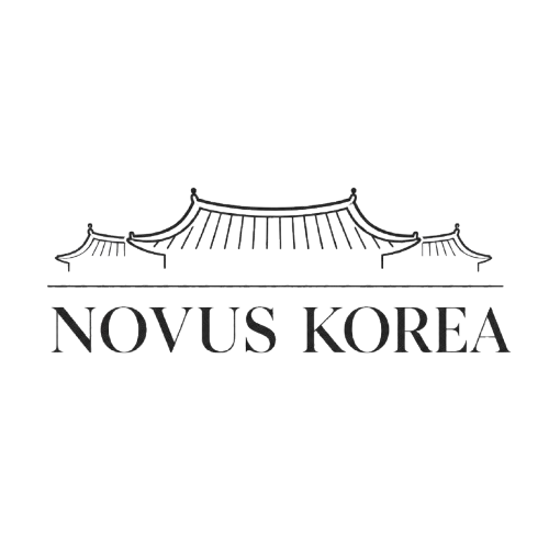 Novus Korea logo with Korean hanok roofline illustration