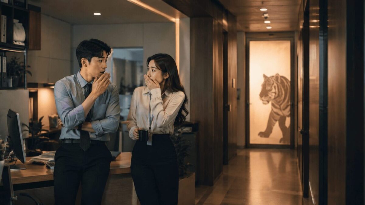 Illustration for the Korean proverb speak of the tiger — two coworkers whispering as a tiger silhouette appears at the door