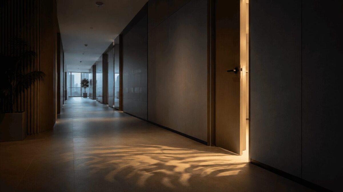 Empty Korean office hallway with a door slightly ajar, warm light spilling across the floor