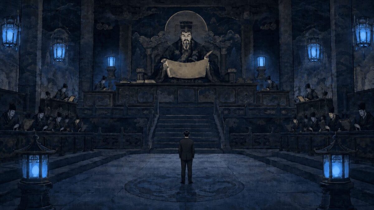 Yeomra, the fifth king of the Korean underworld, seated high on his throne reading from a scroll, with scribes on both sides and a lone soul standing before him in the judgment court