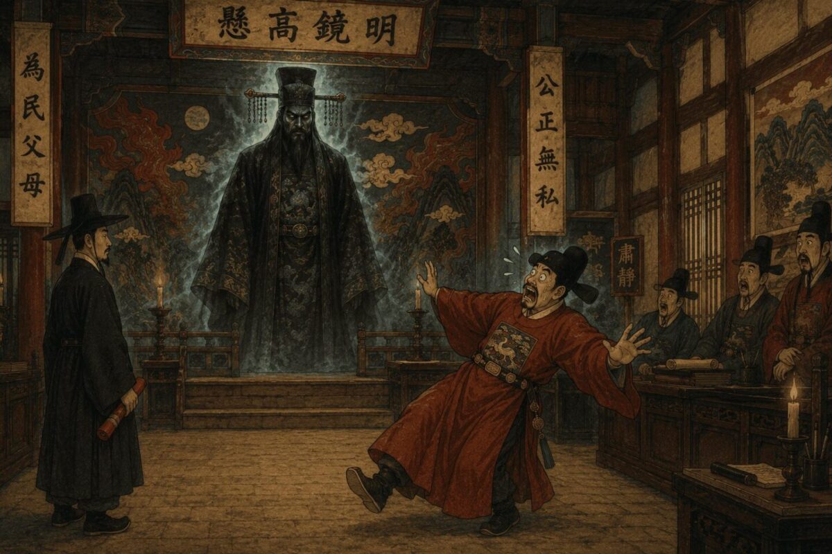 Yeomra the King of the Dead appearing as a dark supernatural figure in a Joseon magistrate's courtroom while the magistrate stumbles back in shock, Gangnim Doryeong Korean myth