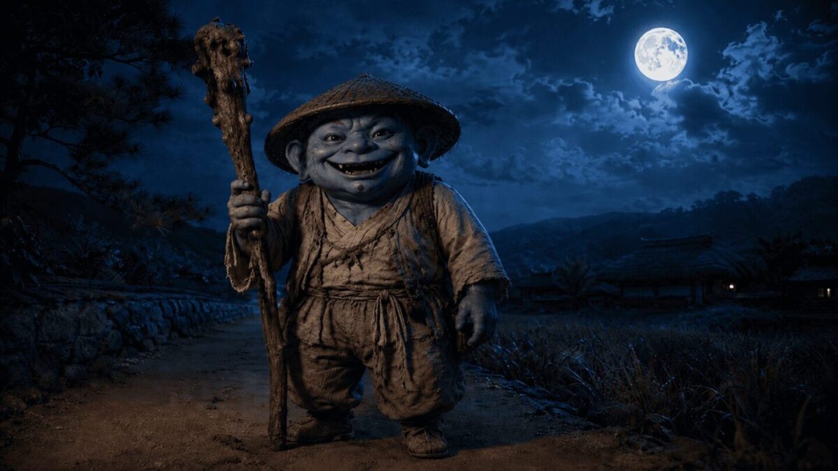 Traditional Korean dokkaebi figure in hanbok and straw hat on moonlit road, Korean folklore trickster spirit
