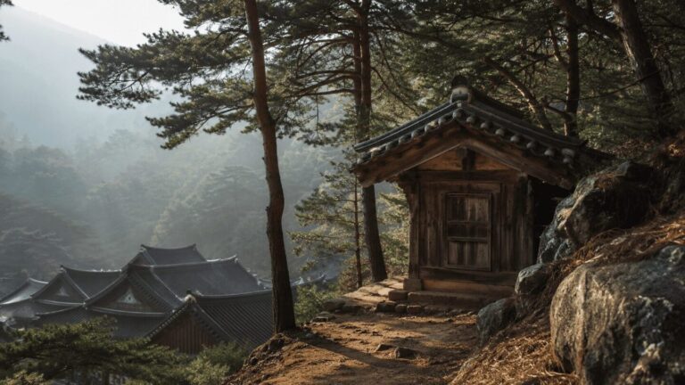 A small Sansin-gak mountain spirit shrine set behind a Korean Buddhist temple, easy for visitors to walk past