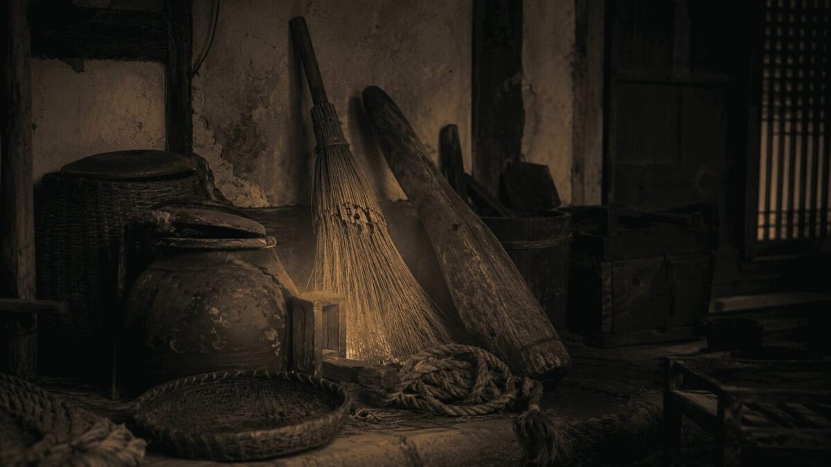 Old worn objects in dark Korean storage room with faint glow, dokkaebi spirit Korean folk belief