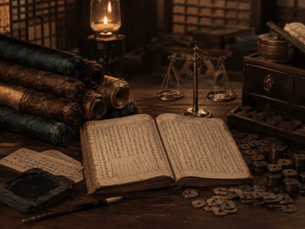 Antique trade ledger and silk goods representing Jang Hee-bin's wealthy but status-locked merchant family