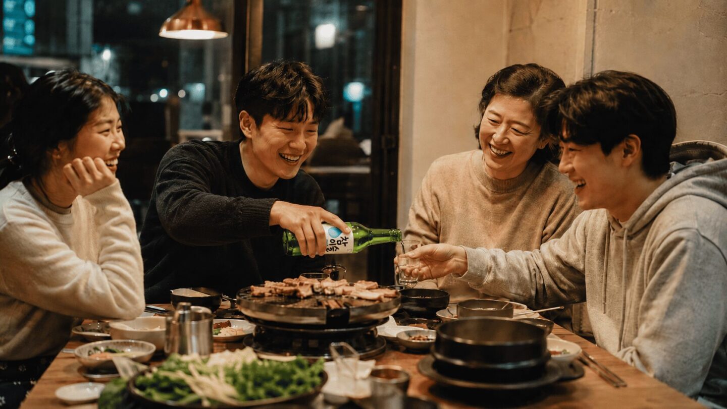 An older person pouring a drink for a younger one in Korea, showing how age decides who looks after whom