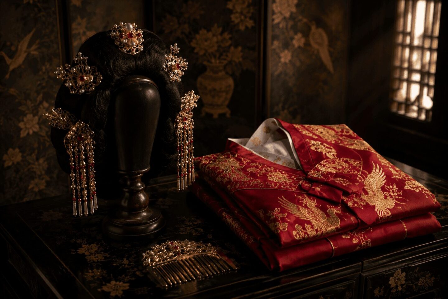 Ornate Korean royal regalia, including tteoljam hair ornaments and a phoenix-embroidered robe, representing Jang Hee-bin's five years as queen