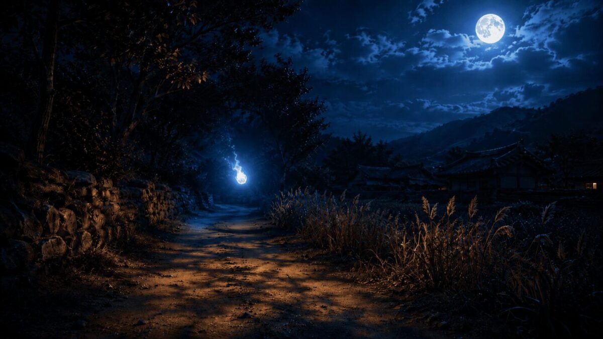 Dokkaebi fire flickering on moonlit Korean country road at night, Korean folklore spirit
