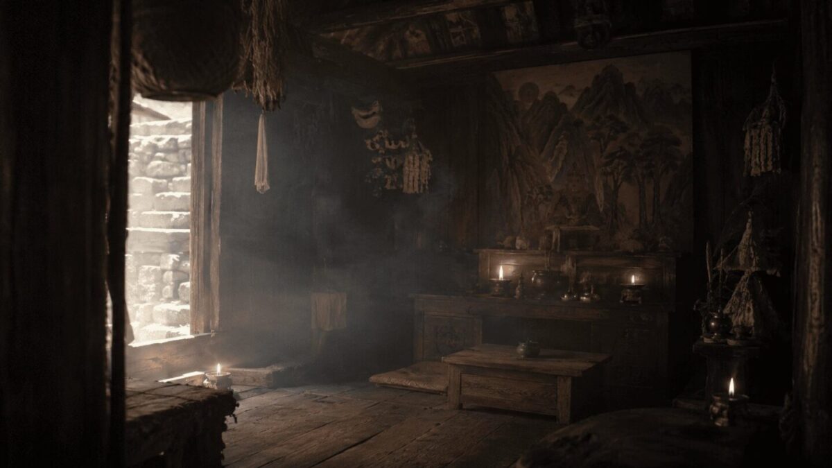 The candlelit interior of a small Korean mountain spirit shrine, a quiet folk space behind the Buddhist temple