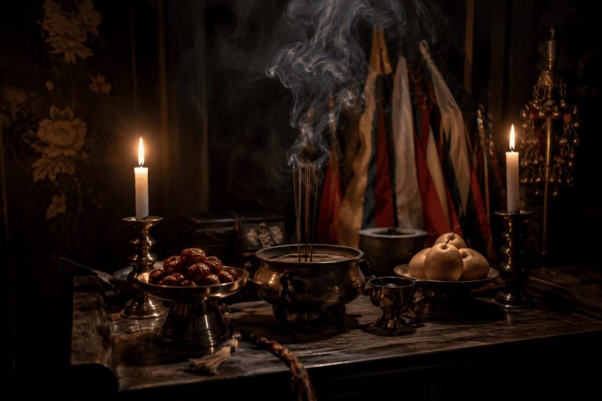 A Korean shamanic ritual altar representing sal, the curse linked to Jang Hee-bin's downfall