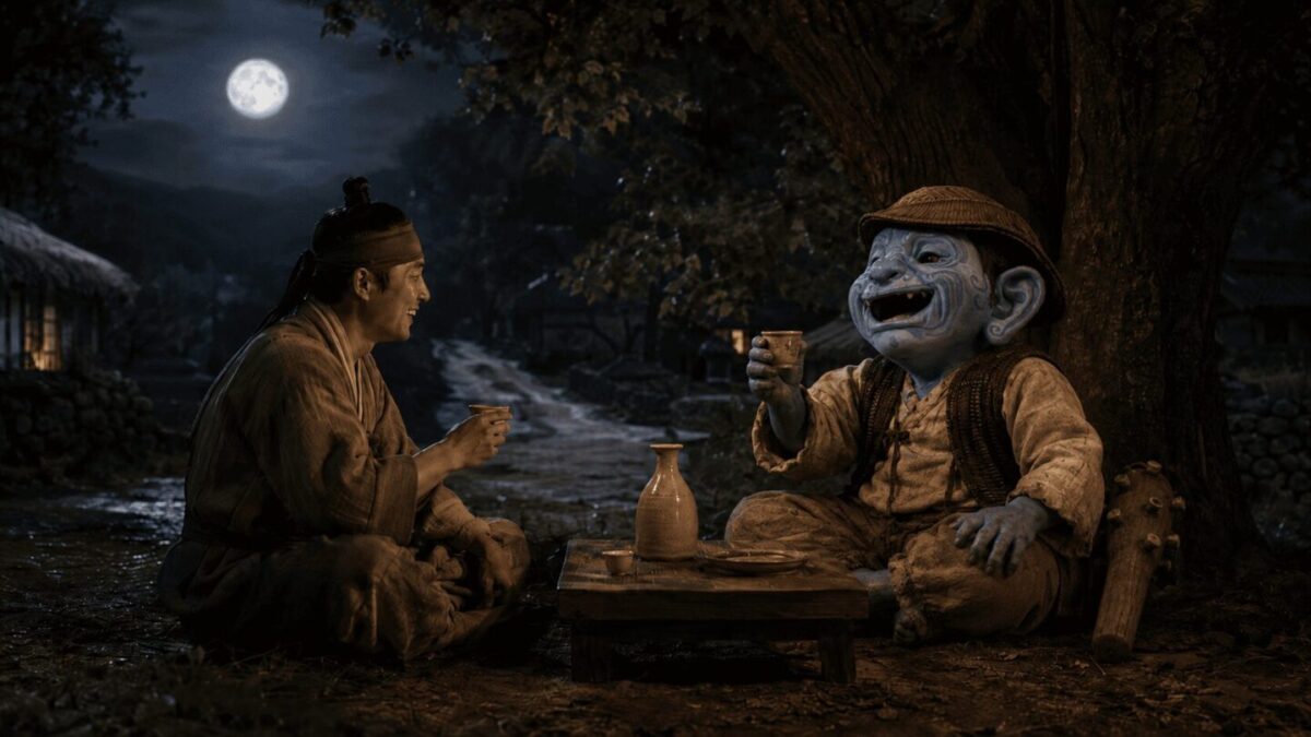 Joseon man sharing drink with dokkaebi figure at night, Korean folklore trickster spirit generosity