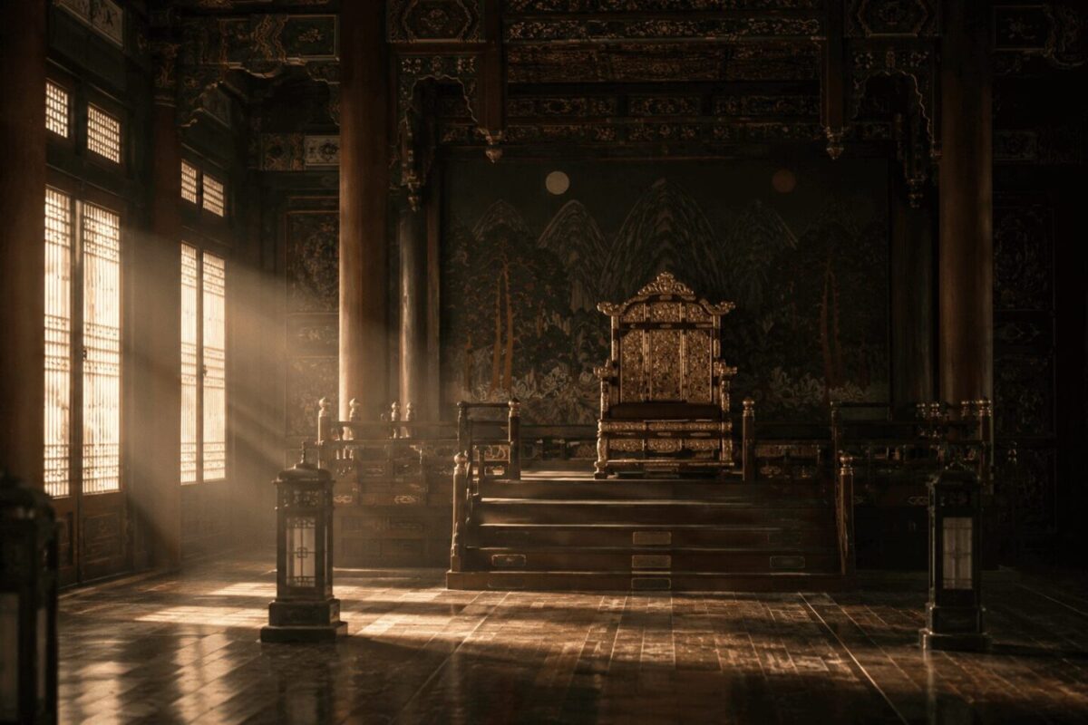 An empty Korean royal throne room with the Irworobongdo screen, representing how power passed beyond Jang Hee-bin's bloodline