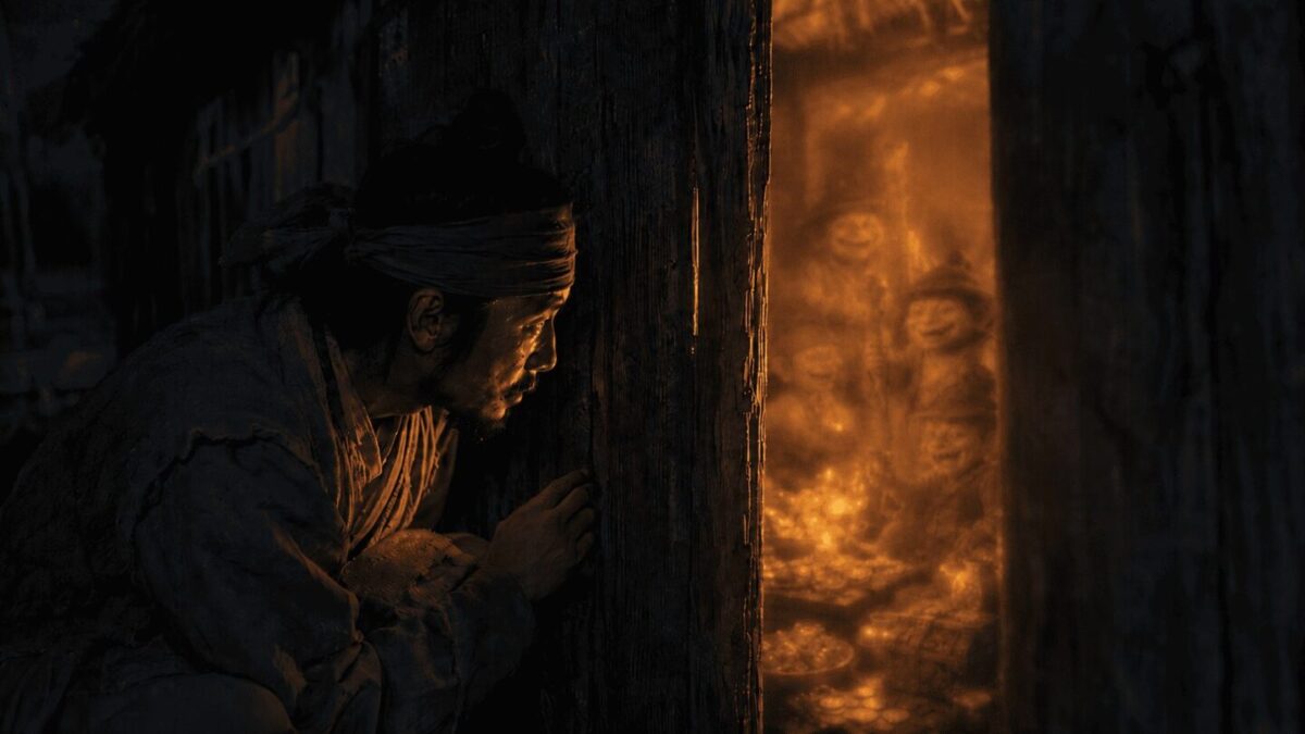 Man peering through crack in wall at dokkaebi gathering with glowing light, Korean folklore magic club story