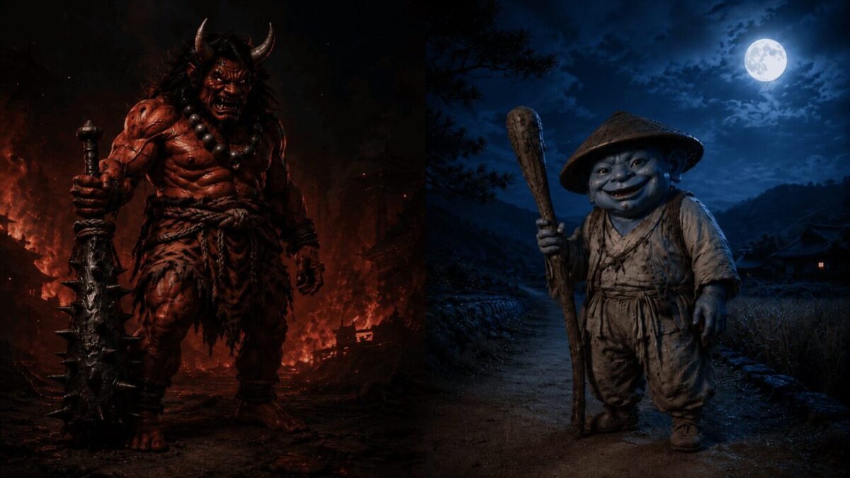Japanese oni horned figure contrasted with traditional Korean dokkaebi in hanbok and paengnyi hat, folklore comparison
