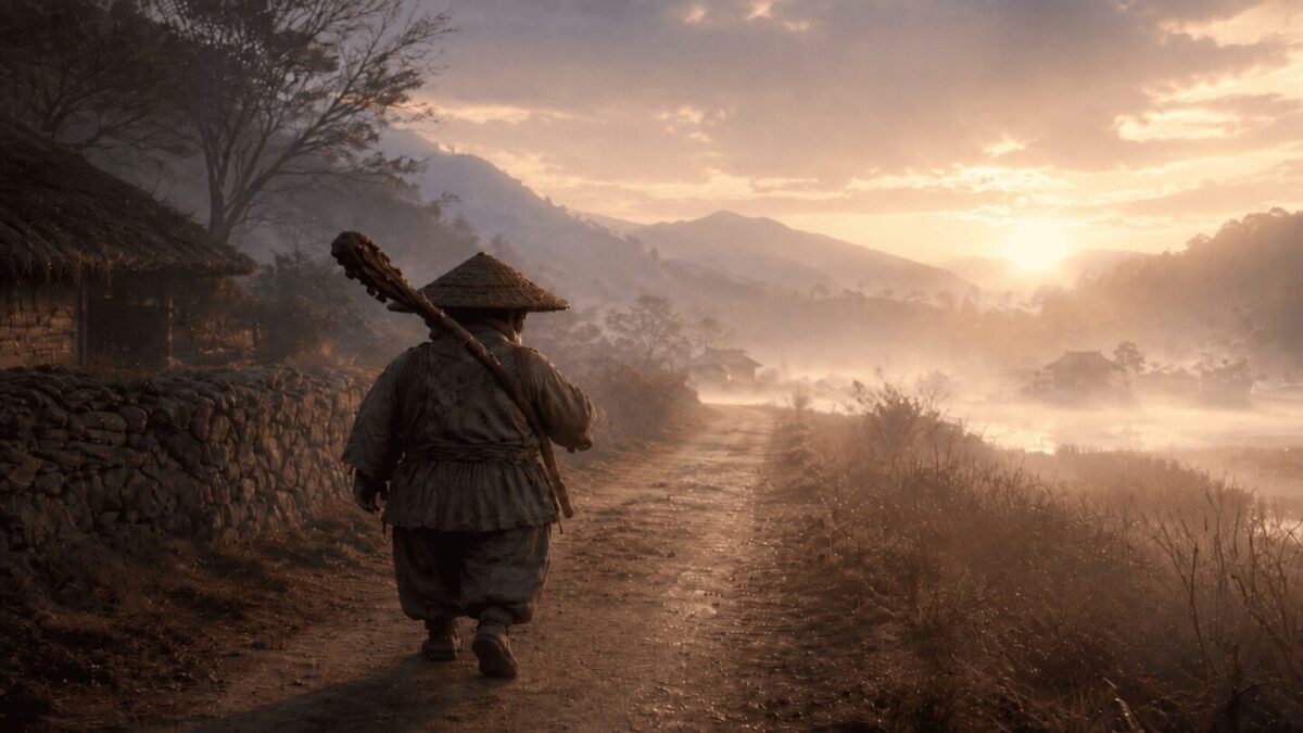 Traditional Korean dokkaebi figure in hanbok walking away on misty dawn road, Korean folklore spirit